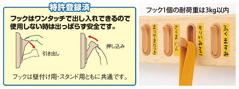 フック1個の耐荷重は3kg以内。